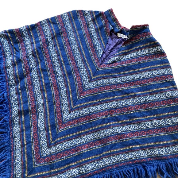 Bobbie Brooks Woven Poncho with Fringe Edge VNeck Blue Stripe Vintage 70s - Picture 4 of 6